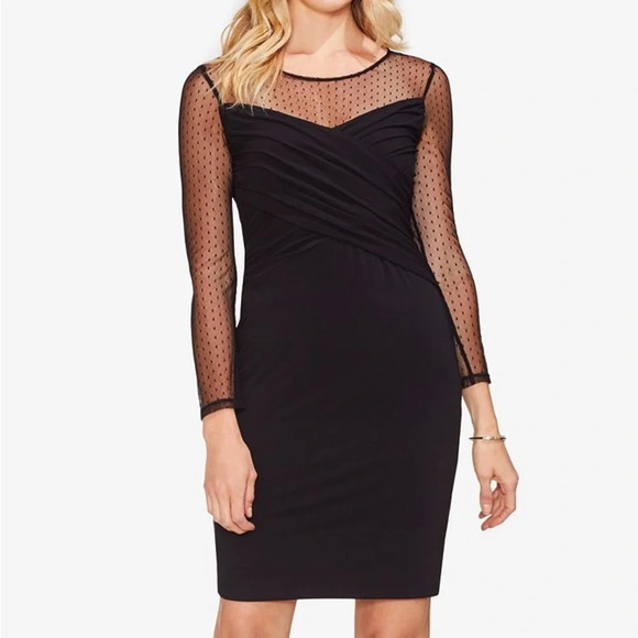 NWT Vince Camuto black dot mesh long sleeve mini dress with ruching medium - Picture 1 of 14